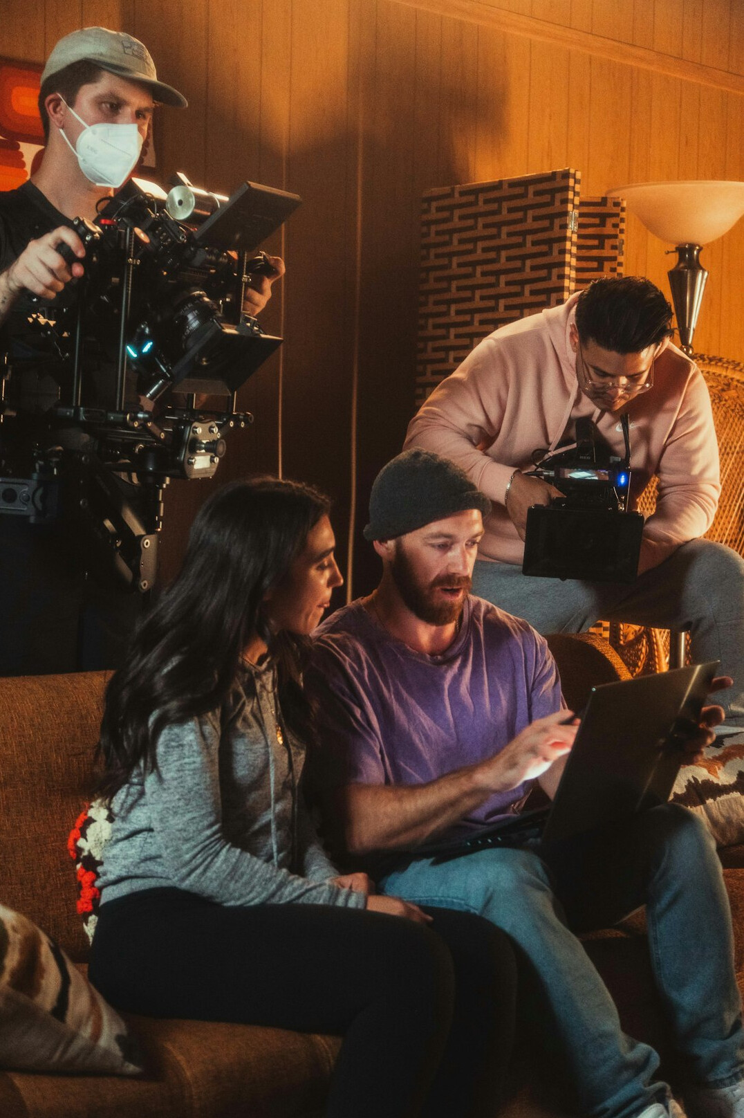 actors rehearsing on set